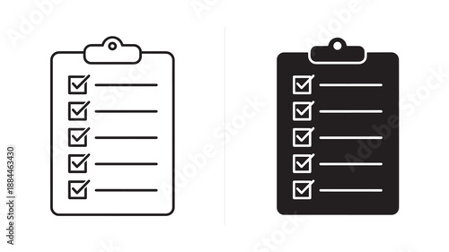 Checklist clipboard icons in outline and filled styles on transparent background silhouette