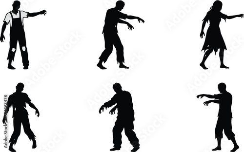 Zombie silhouette collection featuring walking undead characters, black vector horror icons set for Halloween themes, apocalypse illustrations, spooky designs, games, and creative projects