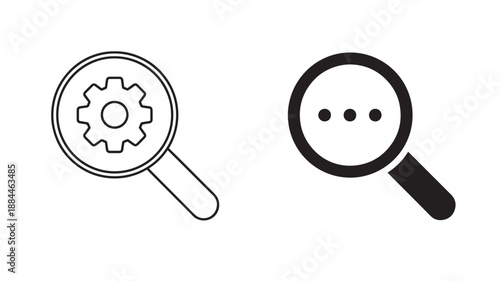 Two magnifying glasses one with gears in a minimalist style on transparent background silhouette
