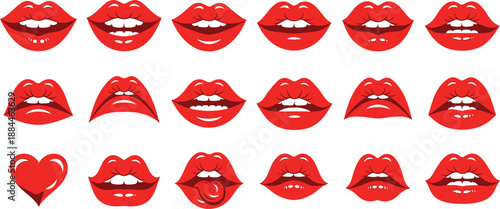 Vibrant set of red female lips and mouth expressions with various smiles and a heart for beauty branding, fashion makeup, and Valentine's Day designs.