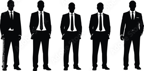 Businessmen silhouettes set of five professional corporate men in suits standing confidently, modern executive figures isolated on white background for business, leadership, and branding concepts
