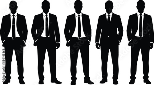 Businessmen silhouettes set of professional corporate men in suits standing confidently, modern executive characters isolated on white background for business branding and leadership concepts