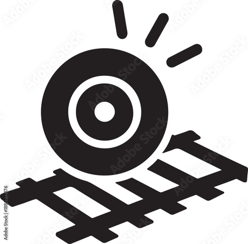 Train accident icon with derailed wheel and skewed rails in bold silhouette vector style
