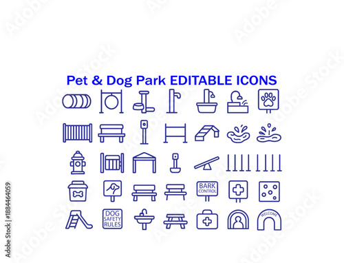 A collection of editable line icons for pet and dog park amenities and activities