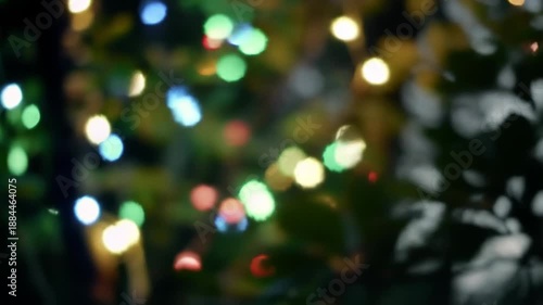 Abstract blurred background with colorful bokeh lights shining through green leaves.