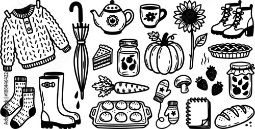 Hand drawn doodle collection of autumn kitchen and cozy wardrobe icons including sweater umbrella boots pumpkin pie jam loaf bread