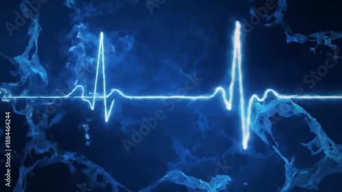 Abstract blue background with a glowing heart rate line, symbolizing health and technology.