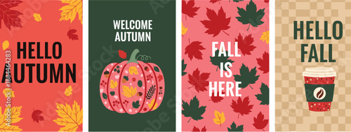 Hello autumn and fall is here vertical banner set with pumpkin maple leaves coffee cup and typography in flat vector illustration