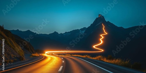 Headlight streaks paint luminous curves on a steep mountain road ascending to a majestic peak, journey, hill