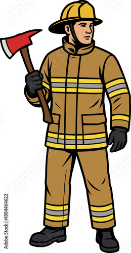 Full body firefighter holding axe in clean outline style, flat colors, modern emergency vector