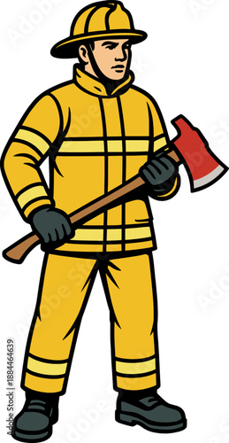 Full body firefighter holding axe in clean outline style, flat colors, modern emergency vector
