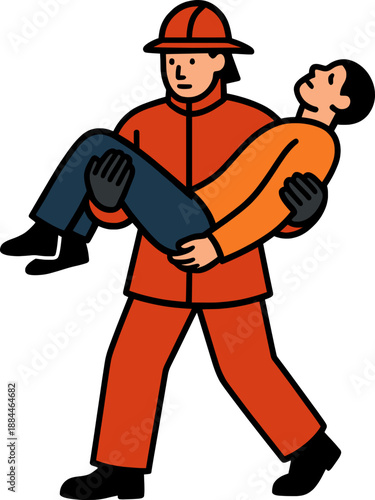 Firefighter carrying rescued person in clean outline style, flat colors, minimal modern safety illustration