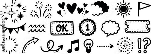 Hand drawn doodle icon set close up assorted black line symbols hearts fireworks music note lightbulb arrows ticket speech bubble banner playful