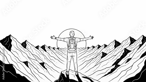 Hiker stands on mountain peak with arms outstretched in triumph.