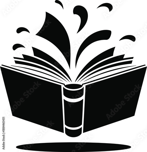 Open book with pages flying upwards suggests powerful imagination and knowledge sharing.