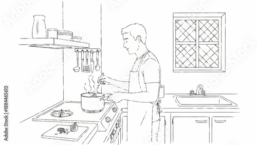 Man cooking food in a kitchen on a stove.