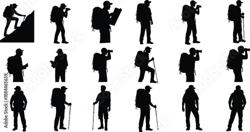 Collection of hiking and travel photographer silhouettes with backpacks, cameras, trekking poles and maps, isolated black vector people set for adventure, tourism and outdoor lifestyle concepts