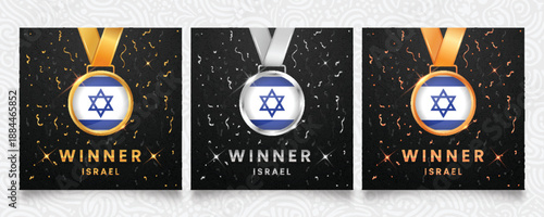 A prestigious set of gold, silver, and bronze medals, each adorned with the national flag of Israel, presented on a dark background embellished with festive confetti and shimmering highlights, ideal f