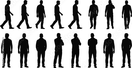 Collection of male human silhouettes showing walking, standing, and thinking poses, black isolated figures set, full body profiles, realistic motion sequence for design use