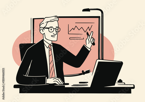 Mature businessman giving presentation with laptop and analysis graph on screen in flat minimalist vector style professional office setting