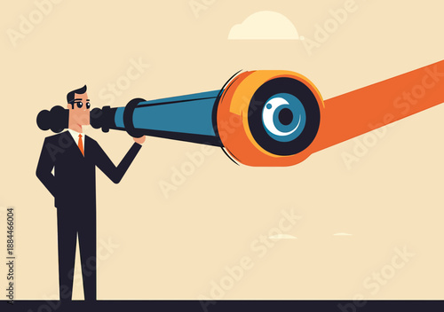 Businessman in suit with tie looking through oversized telescope with giant eye vision concept flat vector illustration