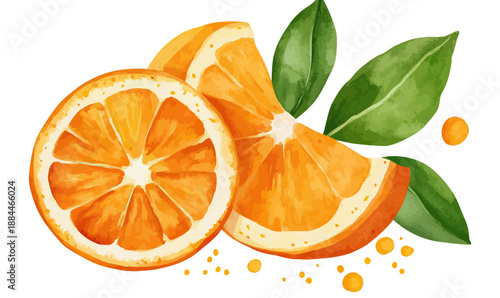 Fresh watercolor orange fruit slices with green leaves close up isolated on white background natural tropical citrus healthy vitamin rich food illustration clipart