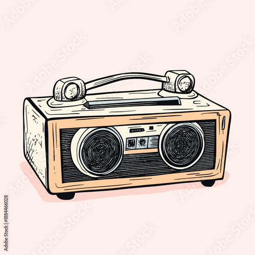 Hand drawn retro boombox with speakers and handle vintage portable music player sketch minimalist vector illustration