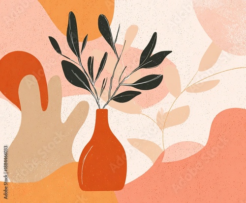 Bright vase with leaves sits on a colorful background during a sunny day indoors in a modern setting
