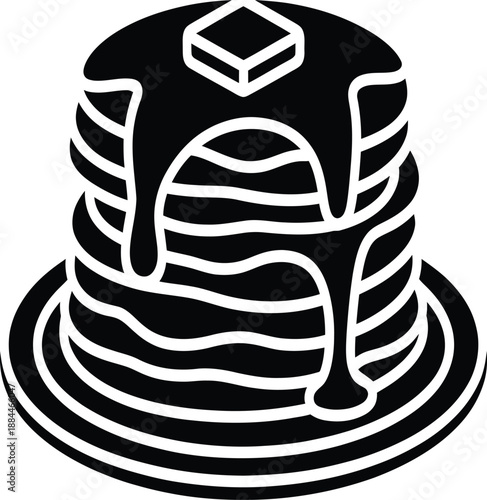 Stack of pancakes with melting butter and syrup drips on a plate.