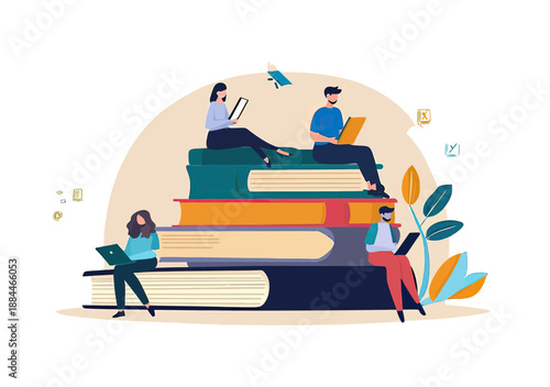 People reading books and using laptops sitting on large stacked books concept of lifelong learning education and self development in flat minimalist style vector illustration