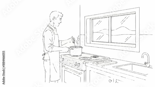 Man cooking in a kitchen near a window.