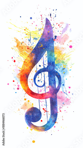 Colorful watercolor treble clef musical symbol with vibrant paint splashes and abstract artistic background for music design concepts and creative arts
