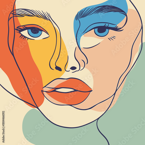 Abstract modern woman face portrait with colorful shapes, continuous line drawing, minimalistic style, contemporary art illustration for beauty and fashion concept