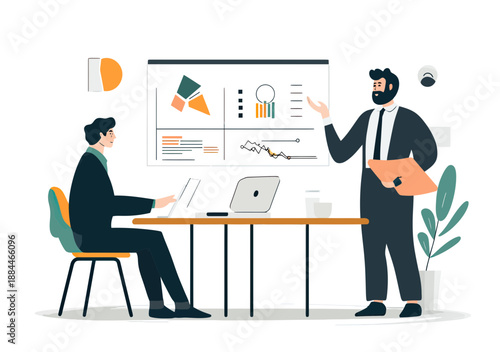 Business meeting presentation with two professionals discussing charts graphs and data analysis in modern office flat vector illustration
