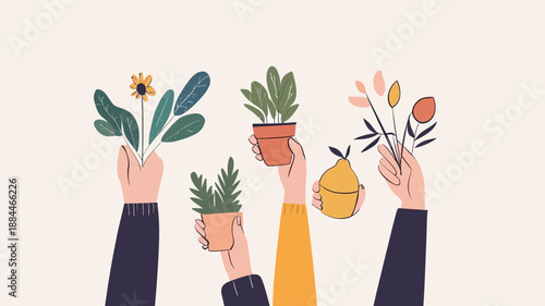 Hands holding potted plants flowers and lemon fruit symbolizing eco friendly sustainable living and environmental care in minimalist flat vector style
