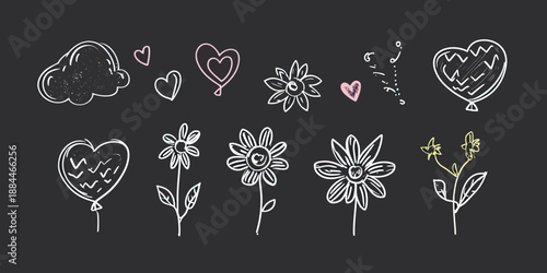 Hand drawn black and white doodle floral and heart balloon sketch set with cloud and small decorative hearts for children and playful design elements