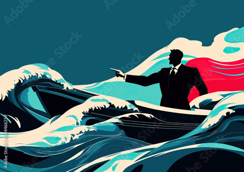 Businessman leader in suit pointing forward on small boat navigating turbulent ocean waves with red sail symbolizing leadership courage and challenge risk