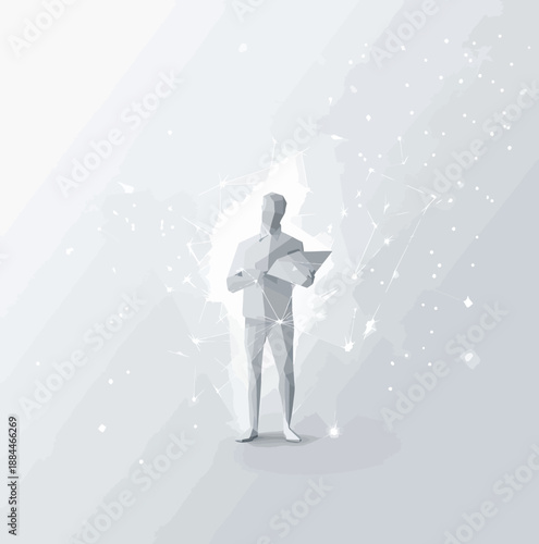 Low poly abstract polygonal man holding document with glowing network connections on light gray background business concept vector illustration