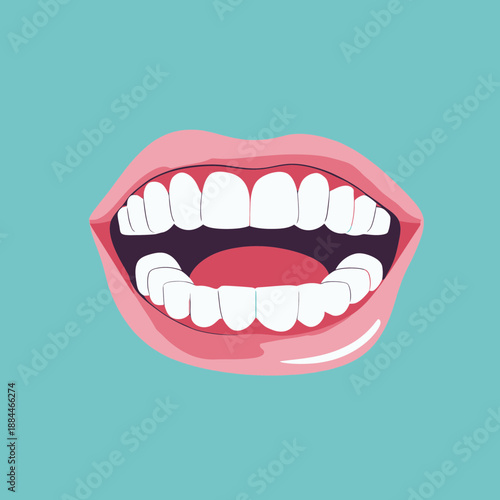 Open mouth with healthy white teeth and pink gums in flat minimalist vector style on teal background for dental care concept illustration