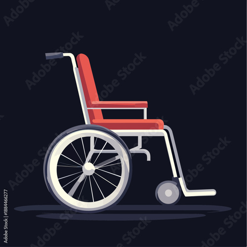 Minimalist flat vector illustration of red wheelchair side view on dark background with clean simple design for accessibility and mobility concept