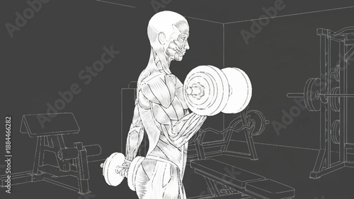 Anatomical illustration of a person performing bicep curls with dumbbells.