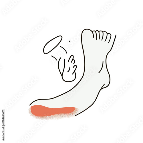 Minimalist vector illustration of foot with heel pain area highlighted in red and small angel figure providing relief and comfort concept