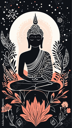 Meditating Buddha silhouette with ornamental floral and cosmic patterns in minimalist bohemian style vector graphic illustration for spiritual and mindfulness concepts