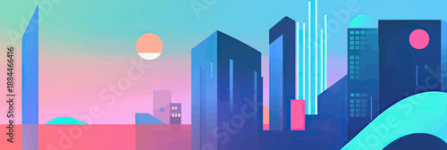 futuristic city skyline with modern skyscrapers digital landscape abstract urban architecture minimal style vector illustration dusk sunset gradient background