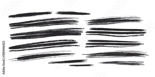 Set of black dry brush strokes and scribble line markers with rough hand drawn texture isolated on white background vector illustration for art design and underline effect