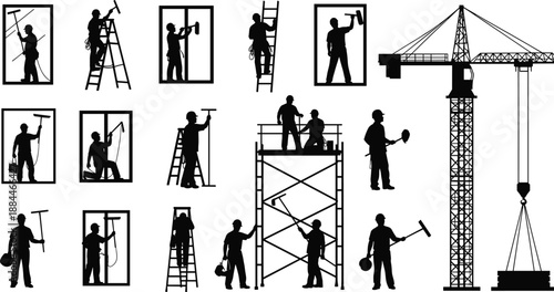Construction and maintenance worker silhouettes set showing window cleaning, ladder work, scaffolding tasks and tower crane operations for building service and industrial labor concepts