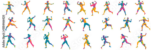 Colorful abstract male and female dancers performing various dynamic dance poses and movements in flat minimalist vector style on white background