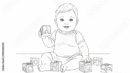 Baby playing with alphabet blocks line drawing.