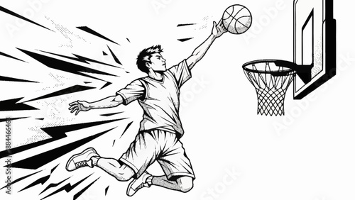 Athletic basketball player performing a powerful slam dunk in a game.