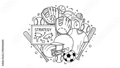 Sports equipment illustration with strategy board in line art style